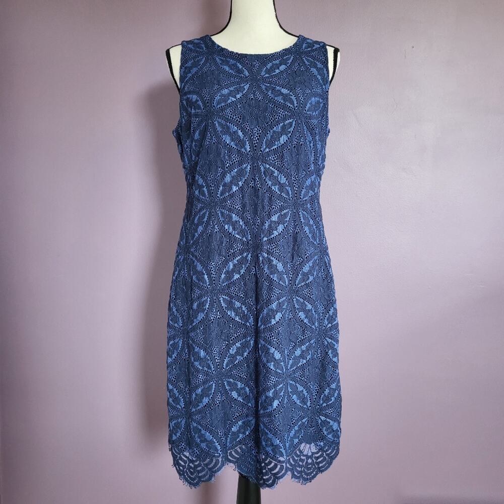 Tommy Hilfiger Sleeveless Blue Floral Open Lace Layered Formal Midi Shift Dress
